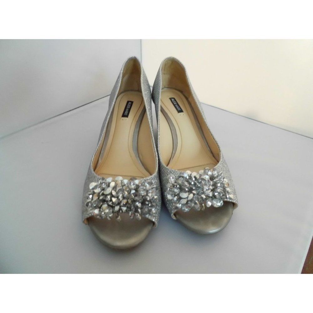 Alex Marie Silver Peep Toe Wedge Shoes w/ Rhinestone Embellishments on Toes  Wm.